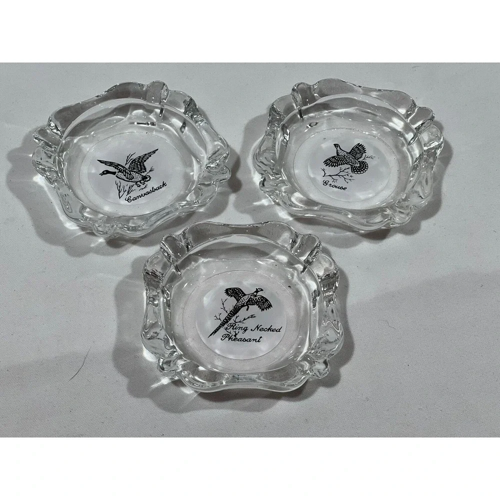 Game Bird Ashtray Set Lot Of 3 Glass‎ Grouse Pheasant Hunting Decor